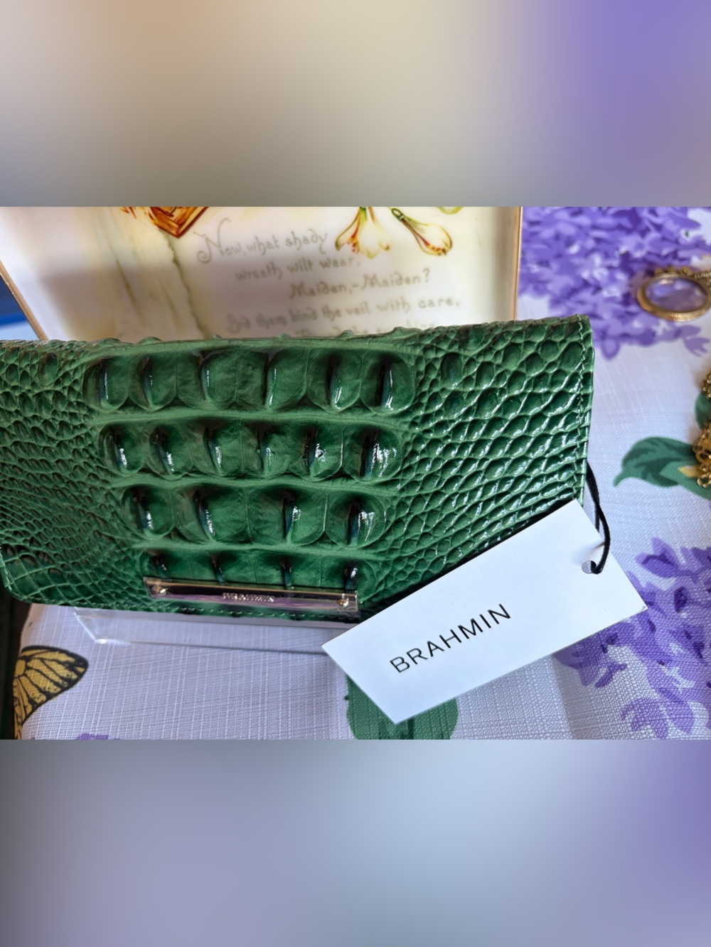 Brahmin Shiny Emerald Green Cordelia Wallet/ Croc-Embossed with Logo Bar